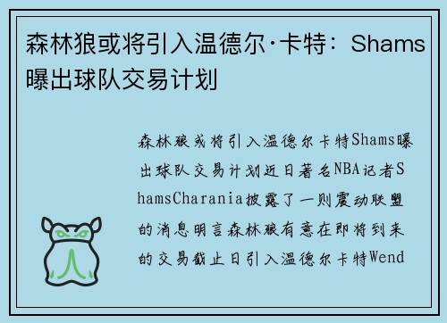 森林狼或将引入温德尔·卡特：Shams曝出球队交易计划